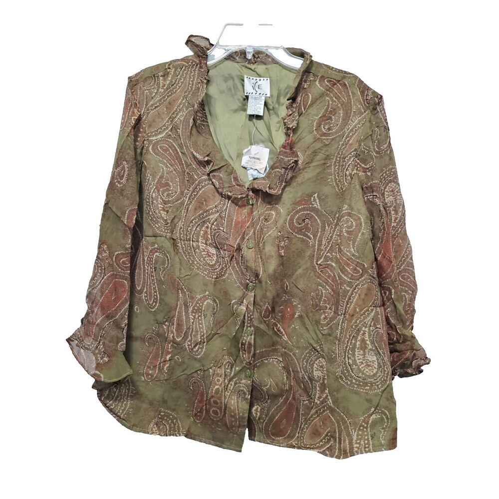 ICE Green Paisley Silk Lined Chiffon Ruffle Collar Button-Up Shirt Sz 2X NWT OS